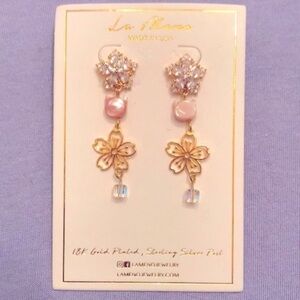 Brand New La Meno 18K Gold Plated Sterling Silver Post Earrings Cats & Flowers